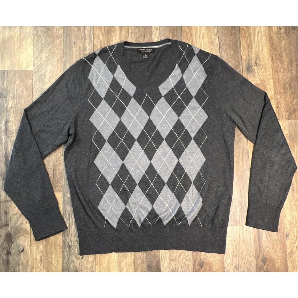 Banana Republic Sweater Mens Large Gray Silk Cashmere Argyle Diamond Preppy .
